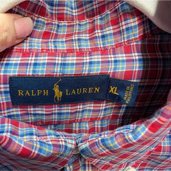 Mens Ralph Lauren Classic Fit Gingham Oxford Long Sleeve Shirt Red Blue XL - Picture 4 of 6